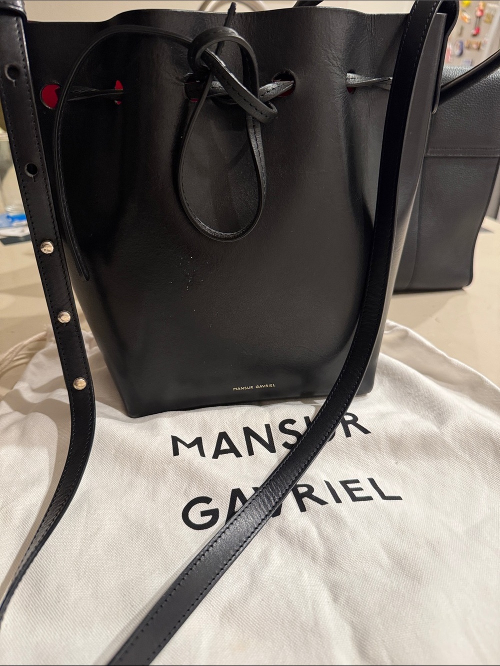 Mansur Gavriel Black Leather Drawstring Crossbody Bucket Bag